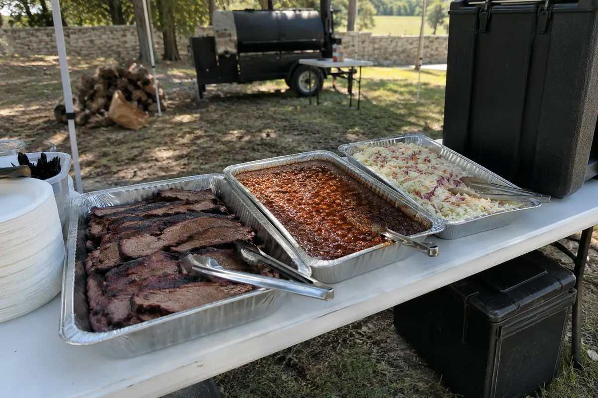 Barbecue trays and insulated carrier for planning Austin BBQ catering